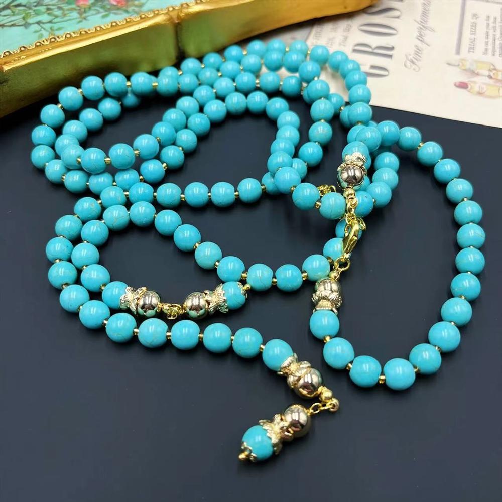 Qingdao Vintage Summer New Stone Blue Ocean Sweater Chain Rice Bead Long Turquoise Necklace Pendant