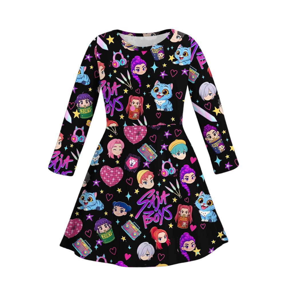 Kids Girls Casual Daily Dress Cute Cartoon Print Long Sleeves Dance Wear Princess Dress  2-12 Years