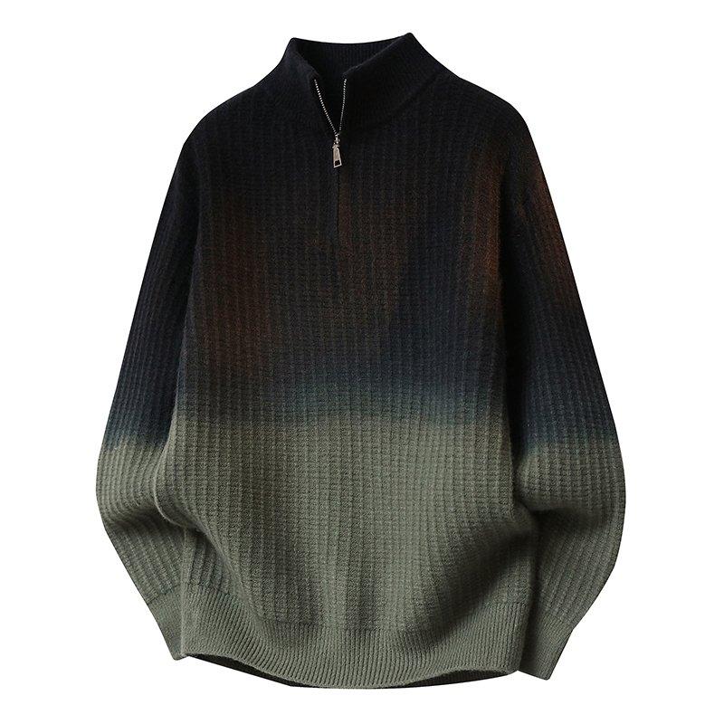 Half Turtleneck Zipper Sweater Loose Shoulder Gradient Tie-dye Sweater