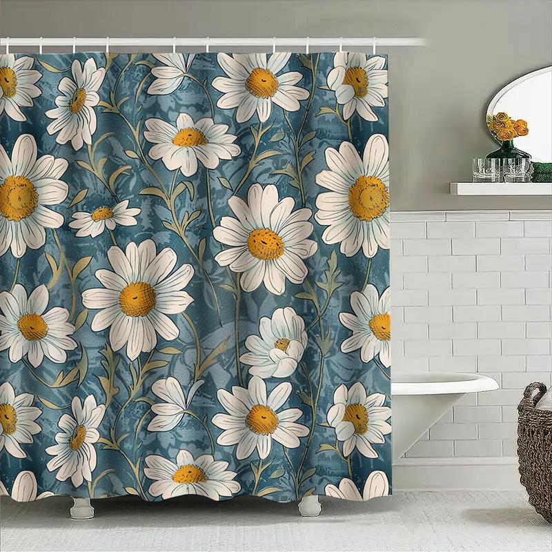 White Daisy Shower Curtain Waterproof Home Decor Bathroom Wall Hanging Floral Print Fabric Water Repellent Curtains For Bathroom