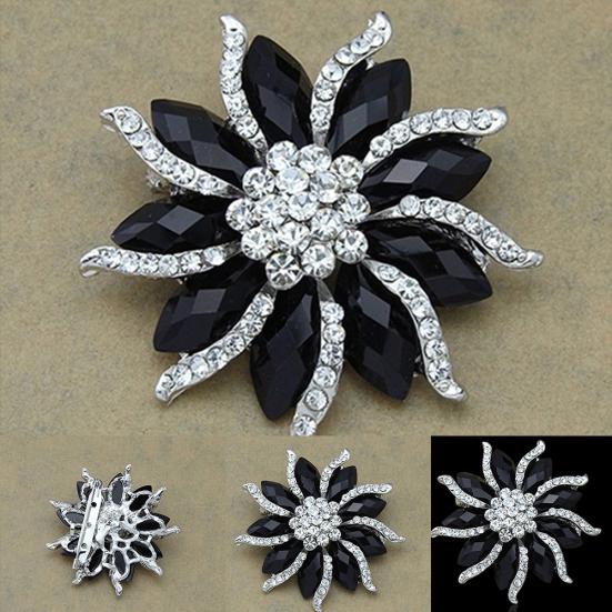 Women's Xmas Gift Blossom Flower Brooch Black Crystal Rhinstones Collar Pin