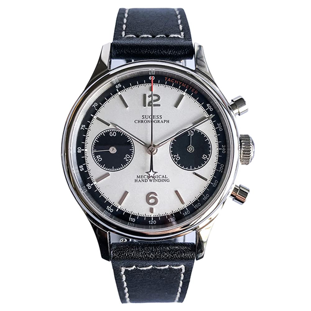 SUGESS Men's Panda Dial Analog Chronograph Watch with Leather Strap and See-Through Back, 38mm (White B)