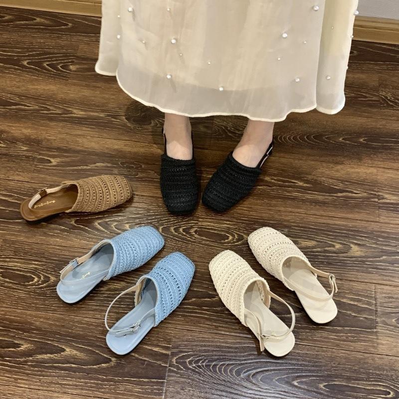 Fashion 2025 Summer Beige Heeled Sandals Straw Shoes Women Shallow Mouth Buckle Strap Black Handmade Fashion Closed Block Flat Open Comf
