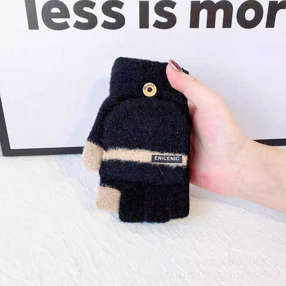 New Winter Knitted Gloves for Men Outdoor Windproof Touch Screen Flip Dual Use Plush Warm Half Finger Gloves Korean Version Trendy