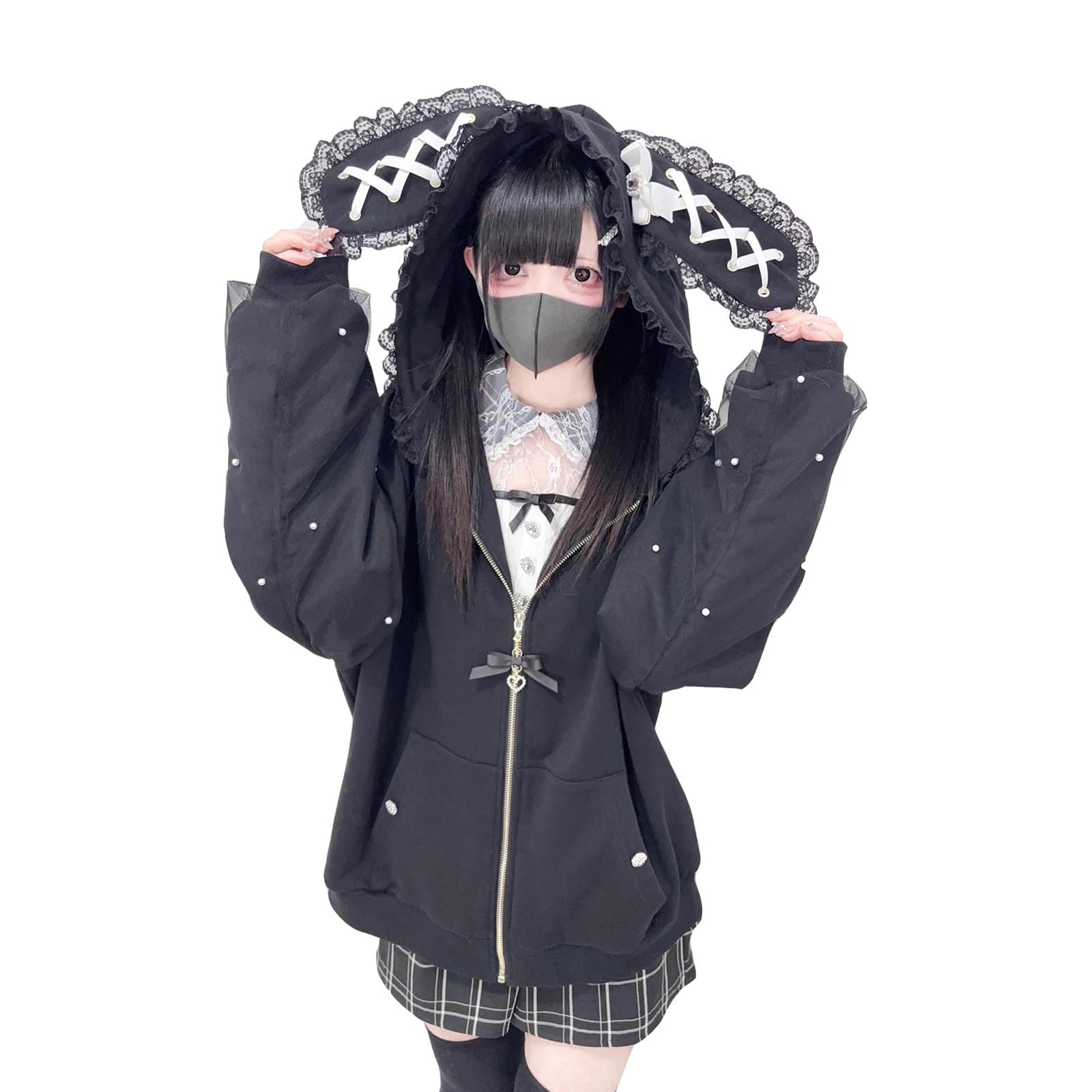 

ZYOOFOV Худи с длинным рукавом с открытым кроликом и милым плюсом Принцесса Готика Харадзюку Женский Перед, Уши, Кружево, Рюши, Лента, Бант, Топ на молнии, Размеры, чёрный