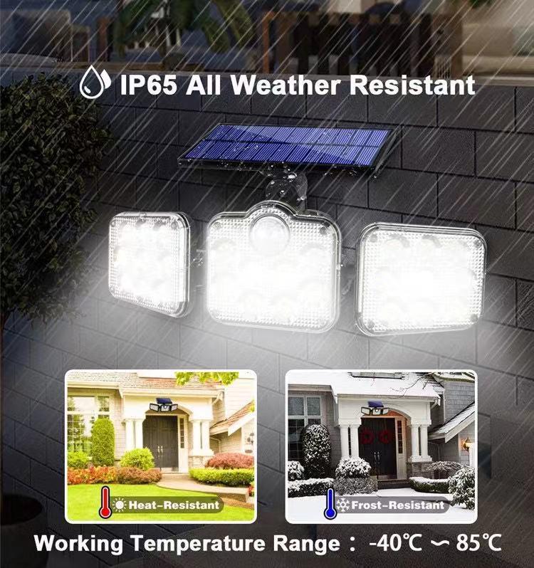Lámpara de Pared Solar Giratoria de Triple Cabezal 138LED con Sensor de Movimiento para Iluminación Exterior, Jardín, Garaje y Calle