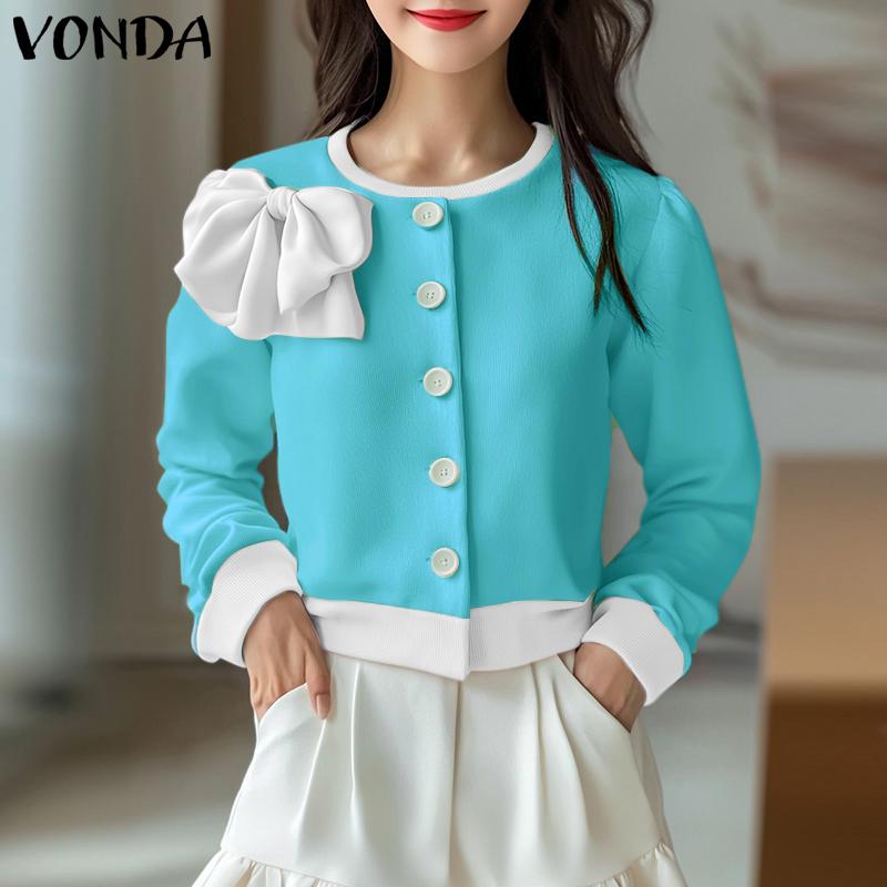 VONDA Chaquetas de Otoño para Mujer de Cuello Redondo con Contraste de Color y Lazo de Manga Larga
