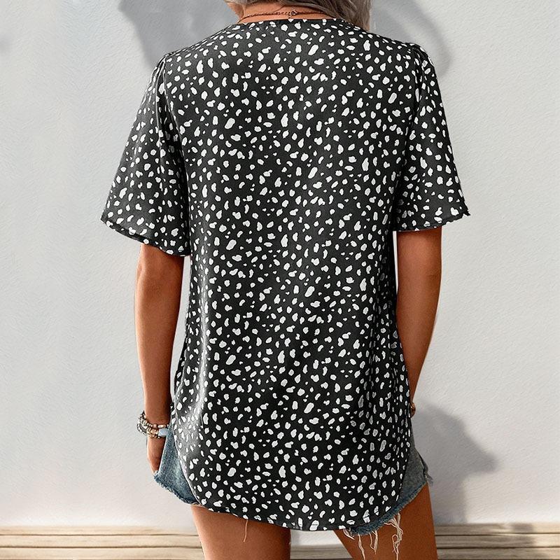 Women Leopard Print V Neck Short Sleeve Mid Length Casual Shirt