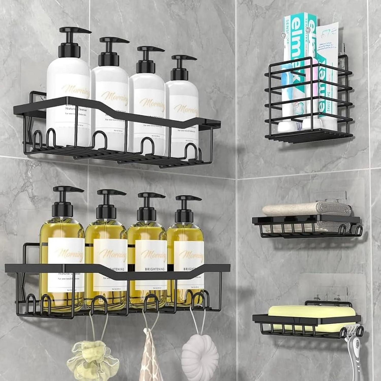 Bathroom Organizer, Shower Shelves, Adhesive Shower Caddy, No Drilling, Rustproof Stainless Steel Shower Organizer, Shower Shelf for Inside , 5 Pack 5-Pack чёрный