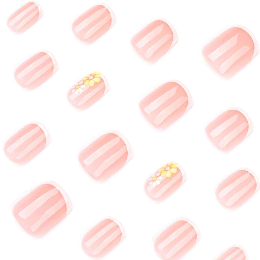 Simple Fresh Flower French Manicure White Square Short False Nails