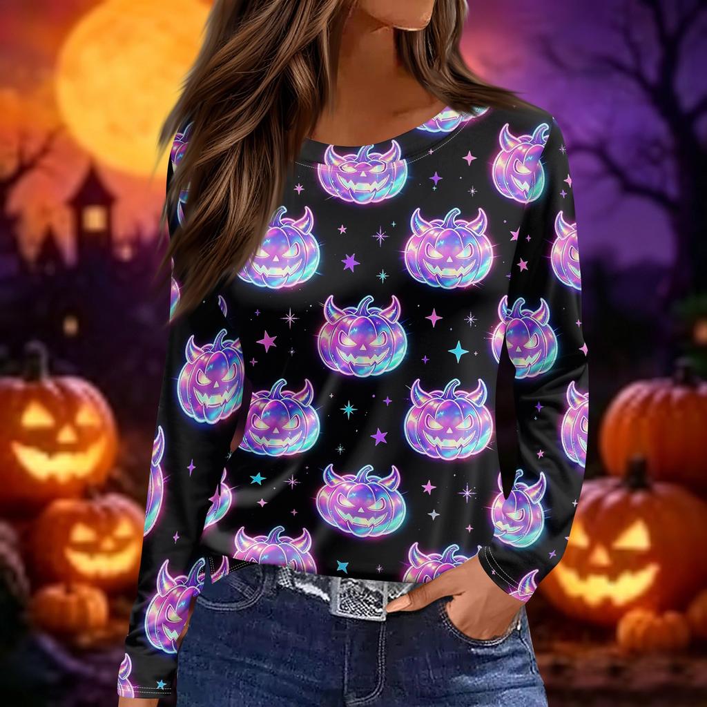 Women's Fashion Long Sleeve Top Halloween Print Round Neck Pullover Shirt with Split Hem Casual Wear for Autumn and Winter