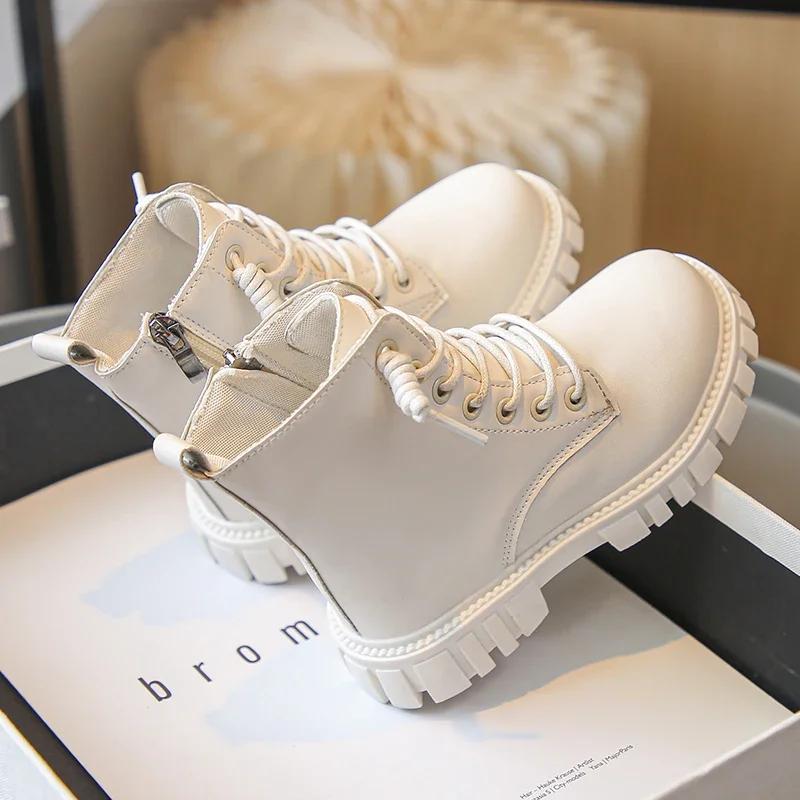 Spring Autumn Girls Ankle Boots Fashion School Kids Leather Boots Thick Bottom Non-slip Children's Platform Causal Boots Black