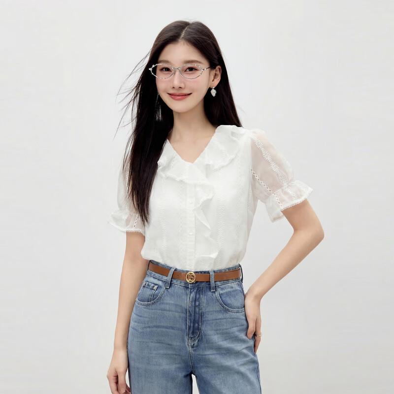 Women s Versatile Puff Sleeve Ruffle Blouse M