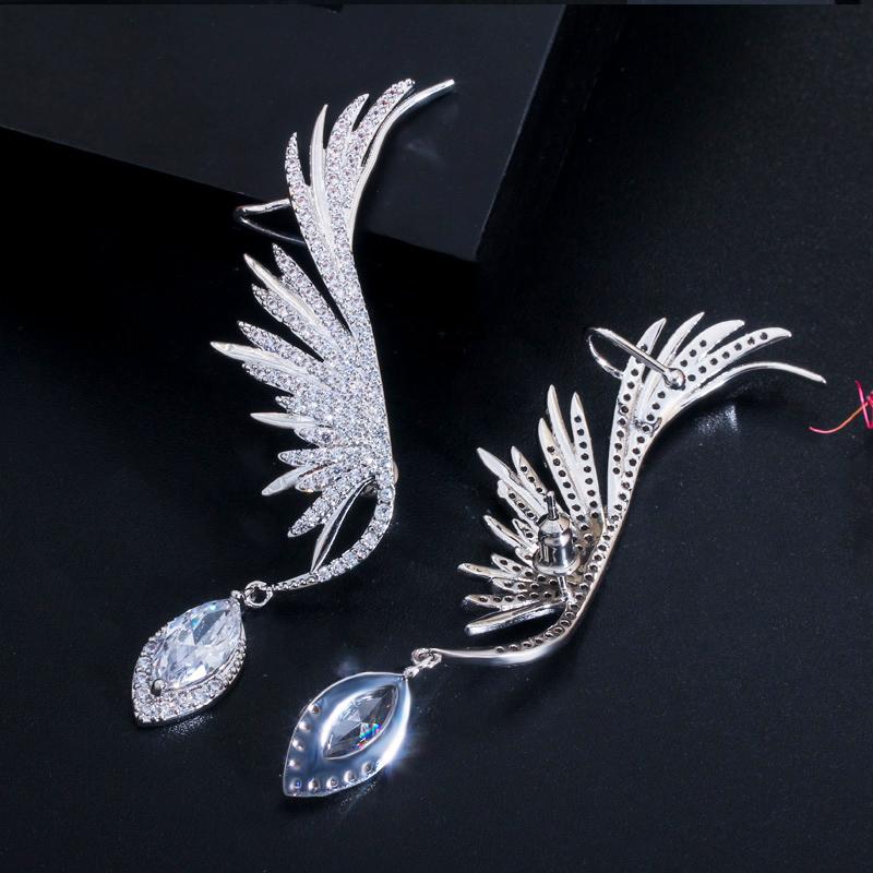 Zircons Luxury Full Cubic Zirconia Pave Popular Big Long Drop Feather Wing Ear Cuff Earrings For Women