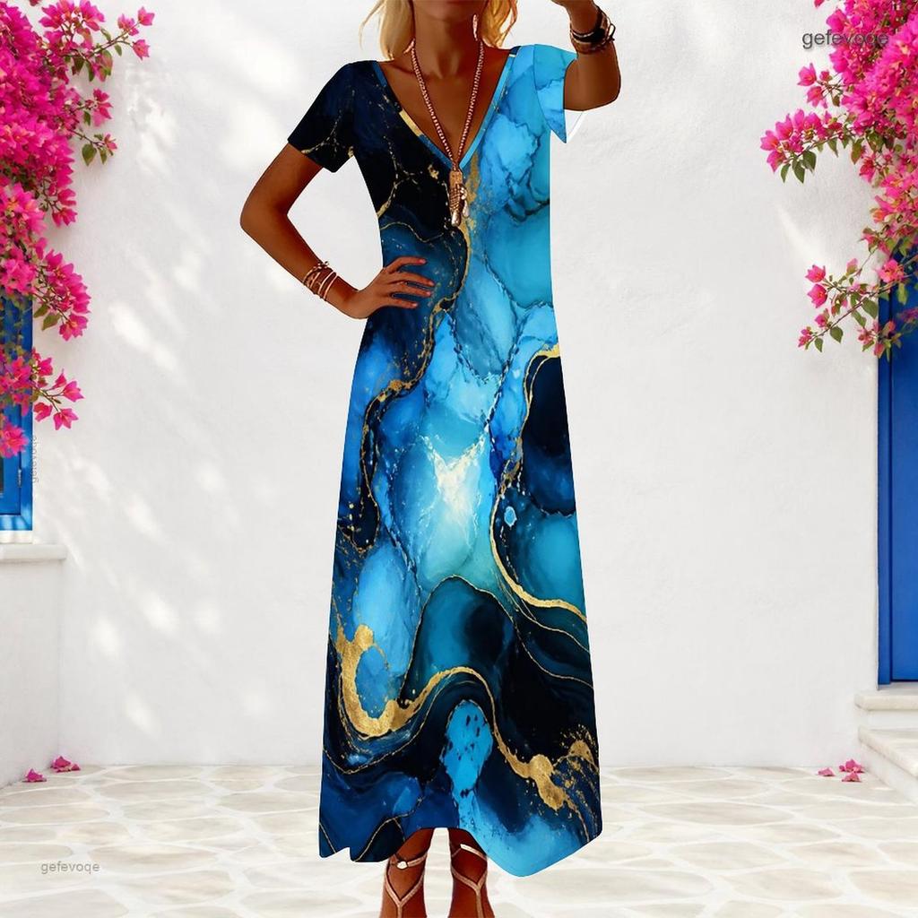 Women Plus Size V Neck Short Sleeve Blue Gold Printed Long Maxi Dress