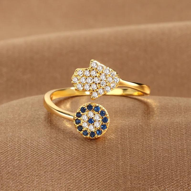 Hamsa Fatima's Hand Open Rings Turkish Blue Cubic Zircon Evil Eye Ring Protection Amulet Islamic Jewish Jewelry