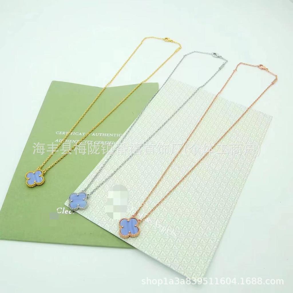 Four-Leaf Clover Pendant Necklace with Mother-of-Pearl and Agate On a Double-Sided Clavicle Chain
