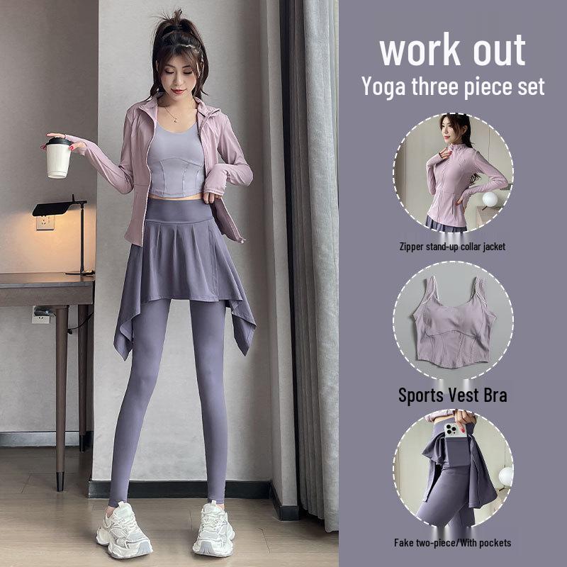 Women's Autumn 2024 Yoga and Sportswear Set: Running Jacket, Tennis/Badminton Skirt, and Fitness Pants