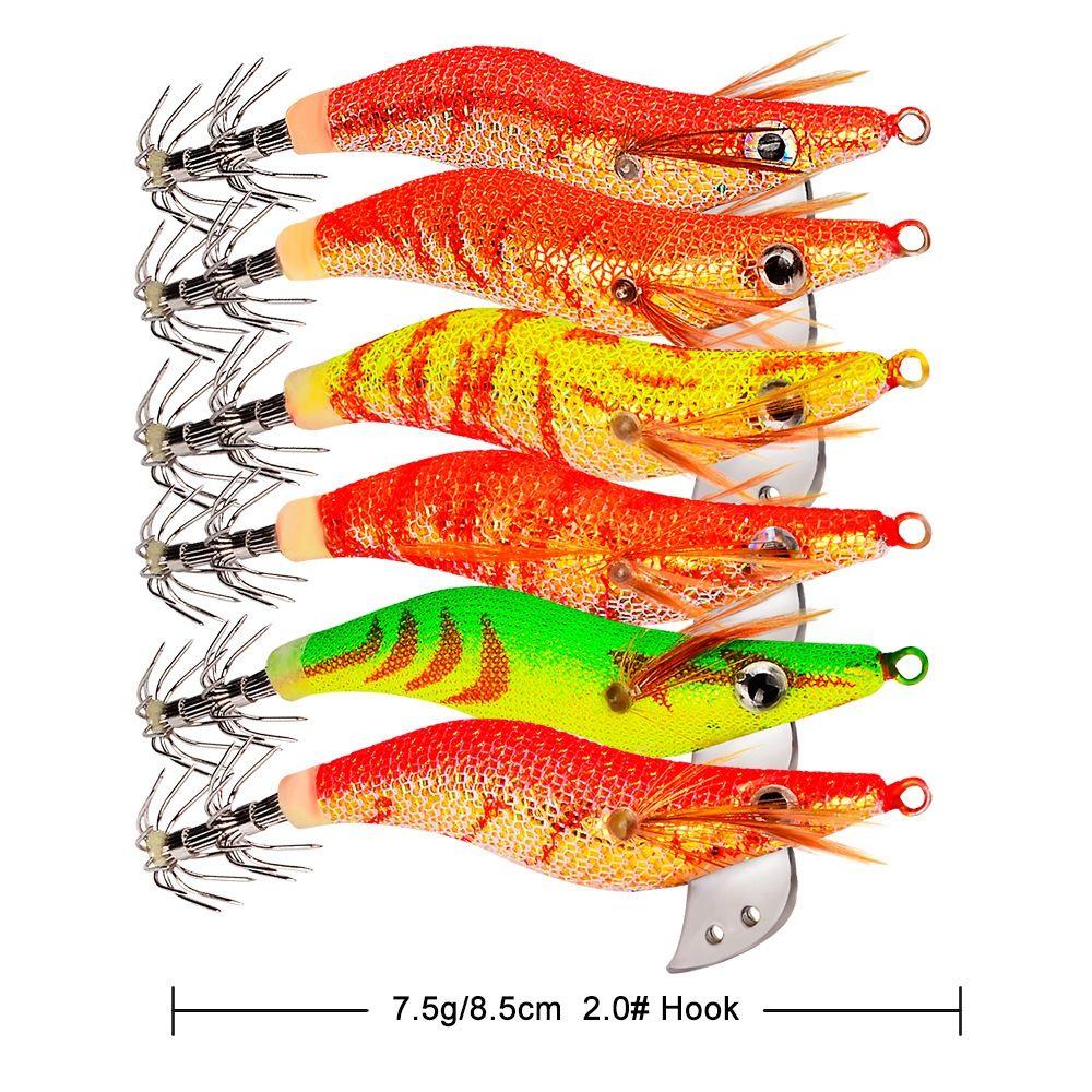 2.0#  2.5#  3.0# Jigs Luminous Lifelike Squid Hook Wood Shrimp Lures Octopus Bait Fishing Tackle