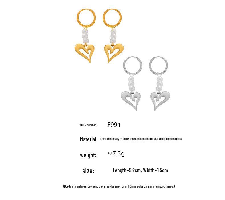 Titanium Steel 18k Gold Plated Heart Earrings with Cross Tassel and Imitation Pearl