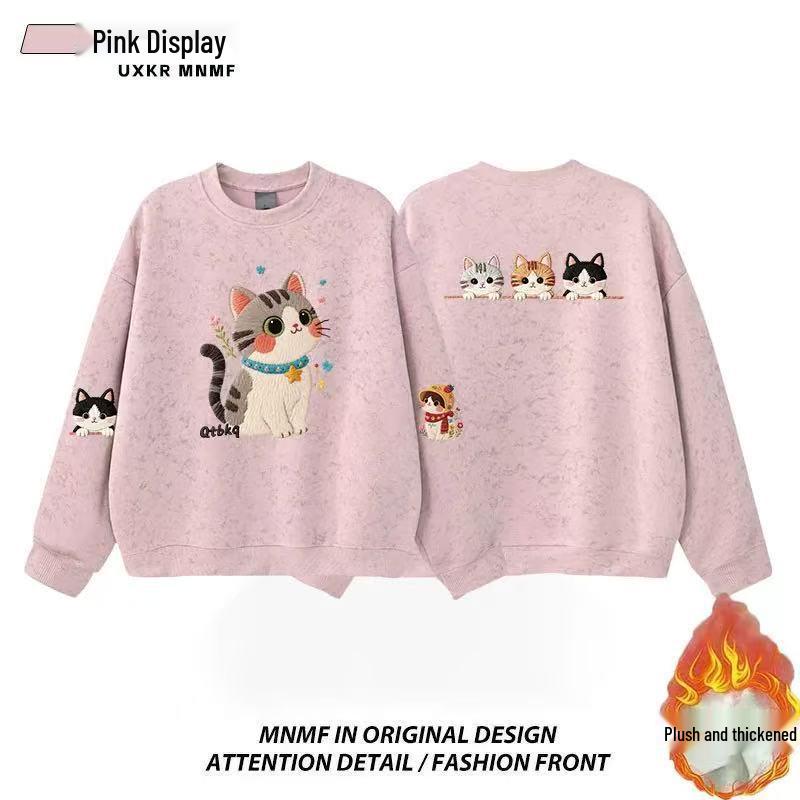 Girls' Tie-Dye Crewneck Sweatshirt with Cartoon Cat - Fleece-Lined for Spring and Autumn 2025, Medium & Large Sizes