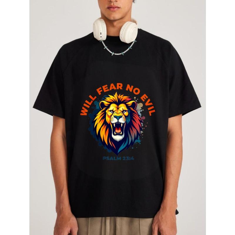 Rundhals-T-Shirt Weißer Löwe mit Psalm 234 Vers Werde kein Böses fürchten Design für Freizeitkleidung und religiöse Inspiration