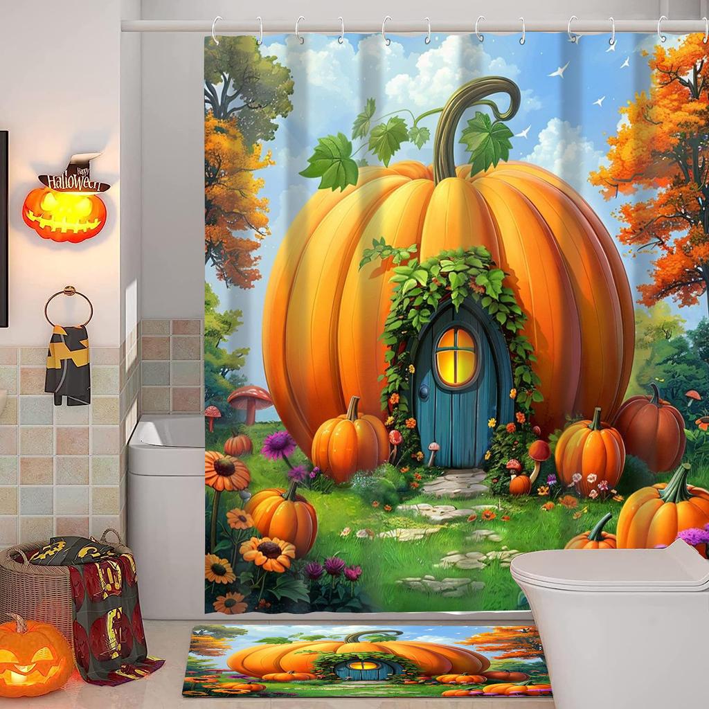 Harvest Thanksgiving Maples Pumpkin Pattern House Bathroom Shower Curtain With 12 Hooks Bathroom Decor And Accessories