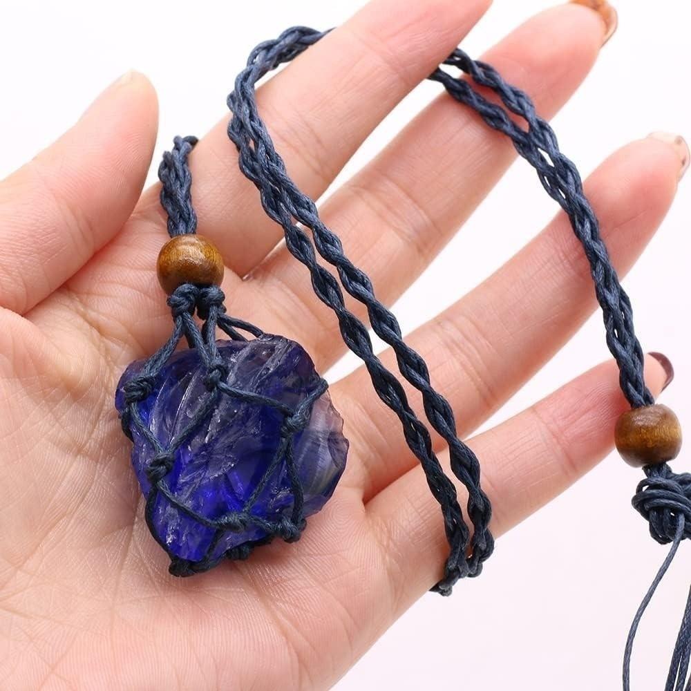 Elegant Natural Stone Pendant Necklace Handmade Rope Wrap Necklace Meditation Use фиолетовый