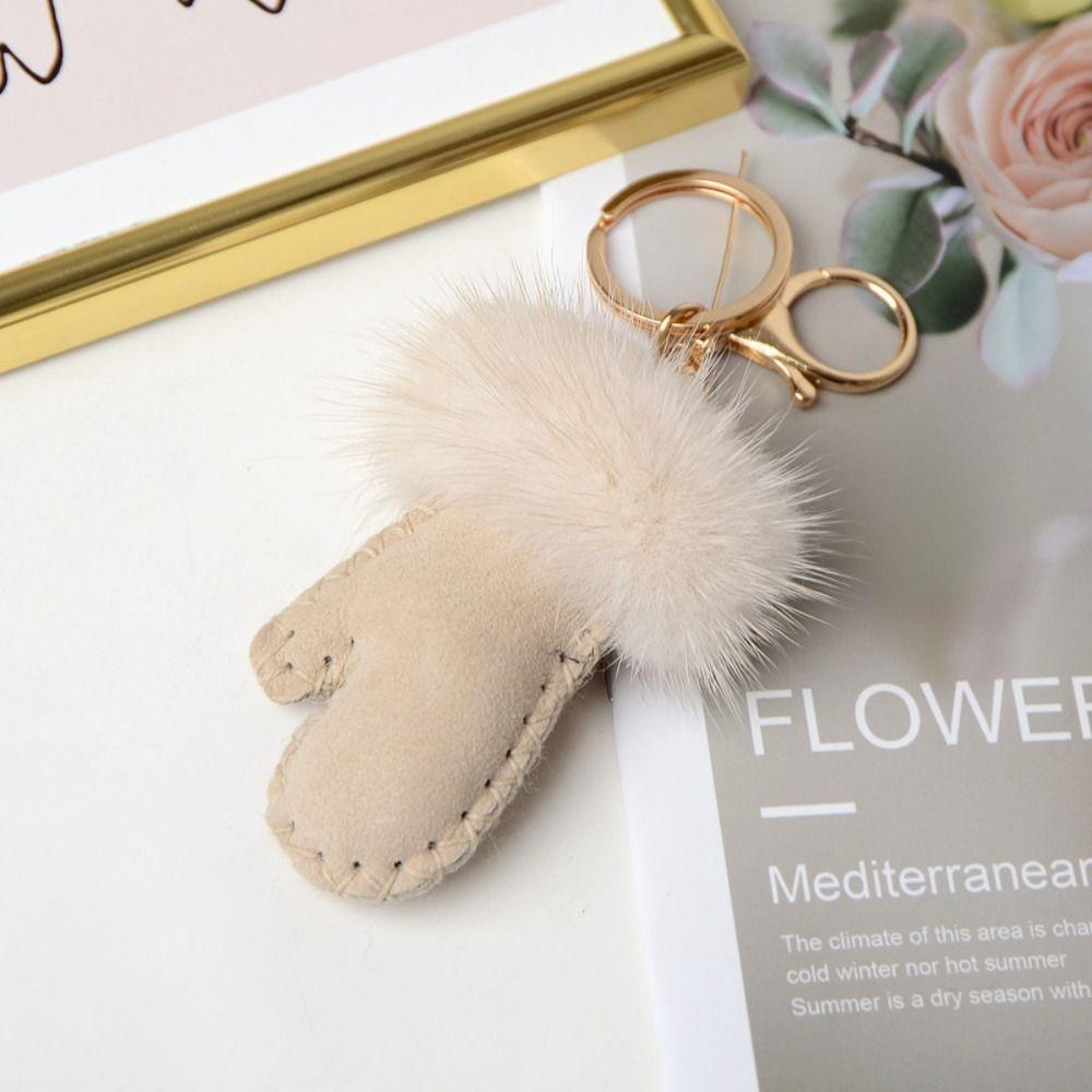 Fluffy Mink Hair Pendant Leather Car Keyring Fashion Little Glove Keychain  Bag Decoration