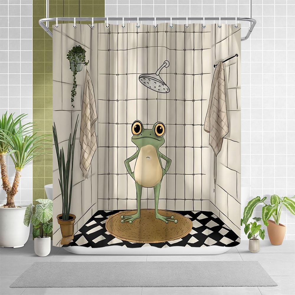 Funny Frog Shower Curtain for Bathroom Retro Cute Frog Shower Curtain Vintage Fun Animal Polyester Fabric Bath Decora Curtain