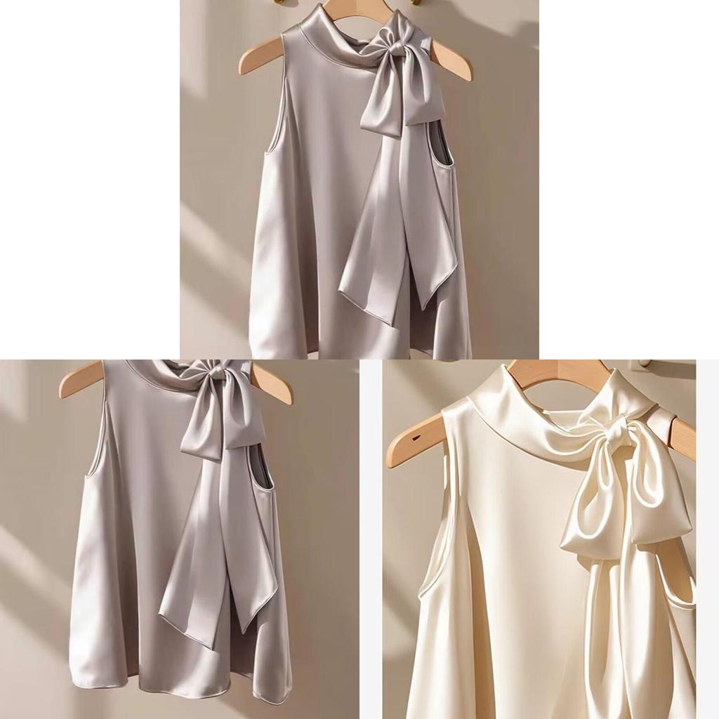 Französische Champagnerfarbene ärmellose Satinbluse mit Schleife für den sommerlichen Freizeitlook