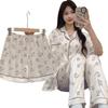 Sketch Rabbit Printing Short-Sleeved Pajamas Women'S Summer Thin Ice Silk Loungewear Loose Three-Piece Set Real Shot
