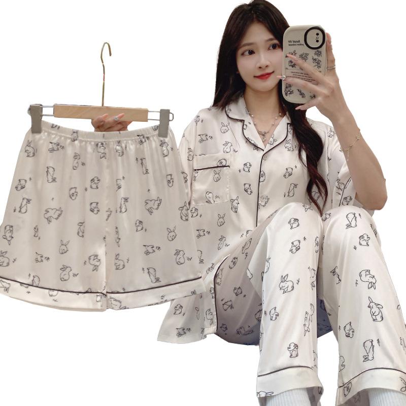 Sketch Rabbit Printing Short-Sleeved Pajamas Women'S Summer Thin Ice Silk Loungewear Loose Three-Piece Set Real Shot
