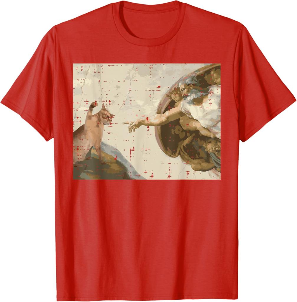 Creation Of Adam Cat Meme Art Graphic Tee Casual Short Sleeve Tshirt For Unisex