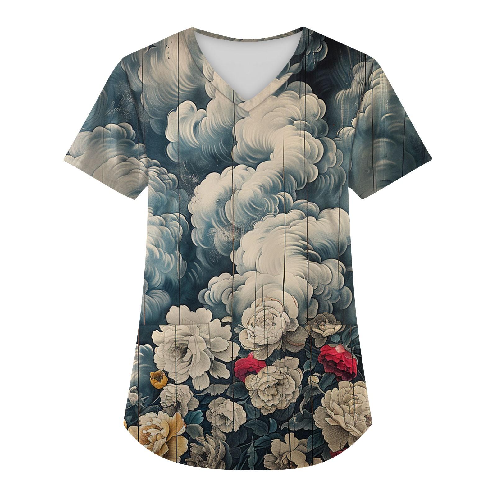 

Плюс размер печатной рабочей формы, топы для женщин, v-образный вырез, рождественский принт, забавные футболки с короткими рукавами, рабочая одежда, футболка с карманами XL синий