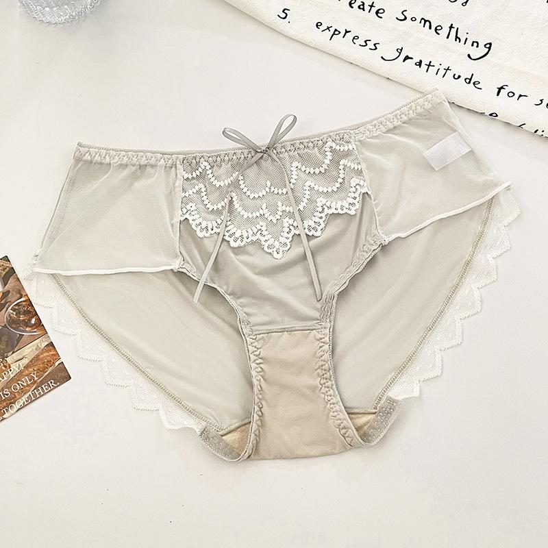 Women's Luxe Satin Mesh Sexy Lace Thin See Through Mid Low Waist Light Cooked Briefs Panties