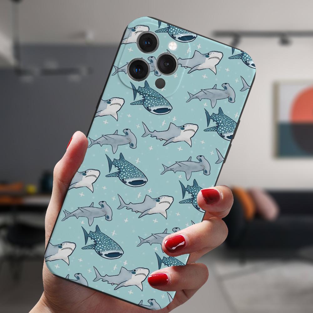 For Iphone 13 11 12 14 Pro Max X Xs Xr Mini 6s 7 8 Plus Xsmax Black Case Cosmic Whale Shark Animal Art Silicone Protective Cover