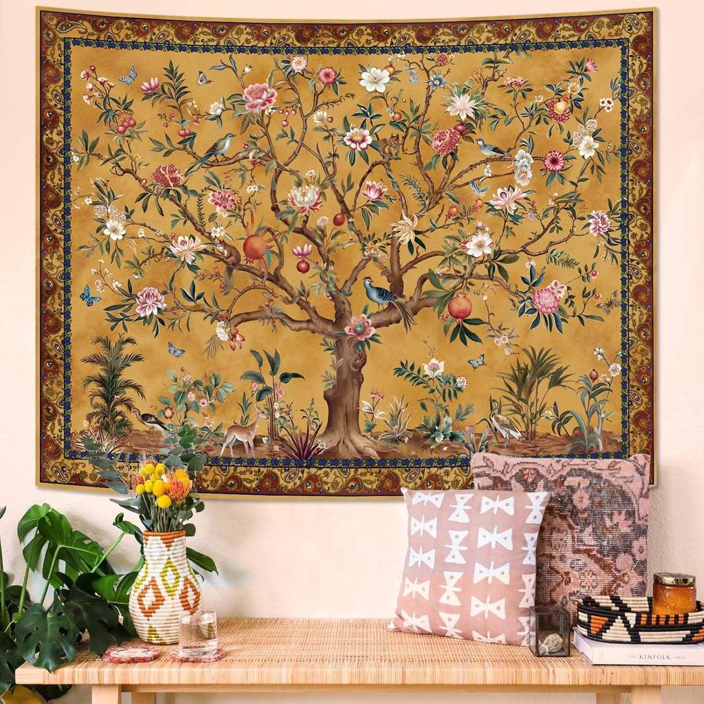 Boho Tree Of Life Tapestry, Vintage Flower Leaves Birds Plant Animal Pattern Tapestries, Retro Indian Bohemian Aesthetic Wall