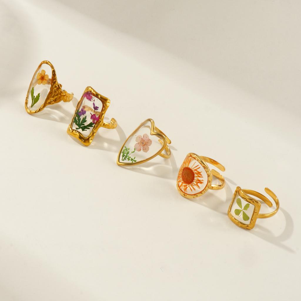 1 Piece Stylish Handmade Resin Jewelry Flower 18K Gold Plated 304 Stainless Steel Open Adjustable Geometric Rings For Women Gift