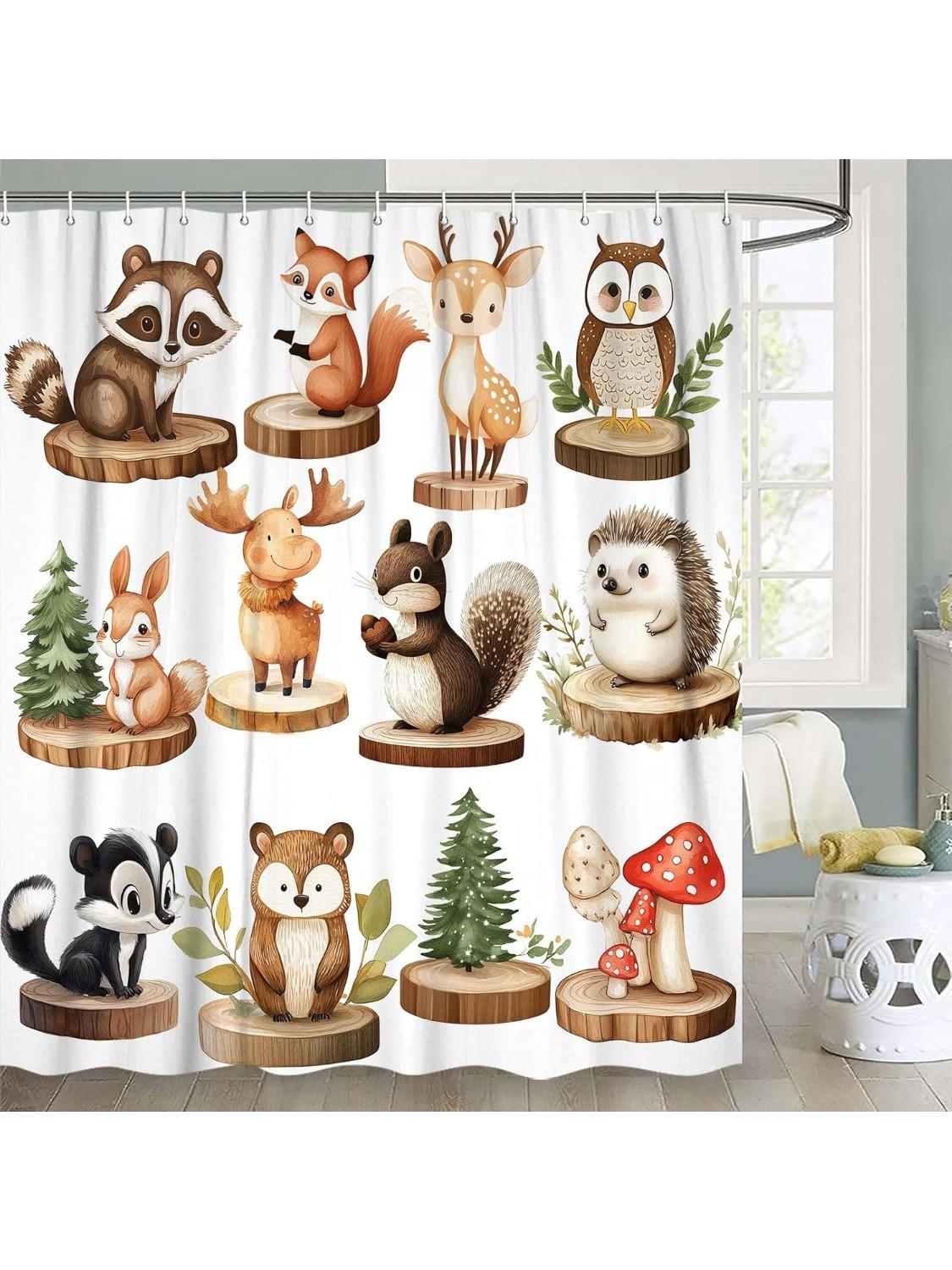 

Animals Shower Curtain for Kids,Painted Tropical Animals Bathtub Curtain,Cartoon Cute Squirrel Raccoon Hedgehog Bathroom 90x180CM