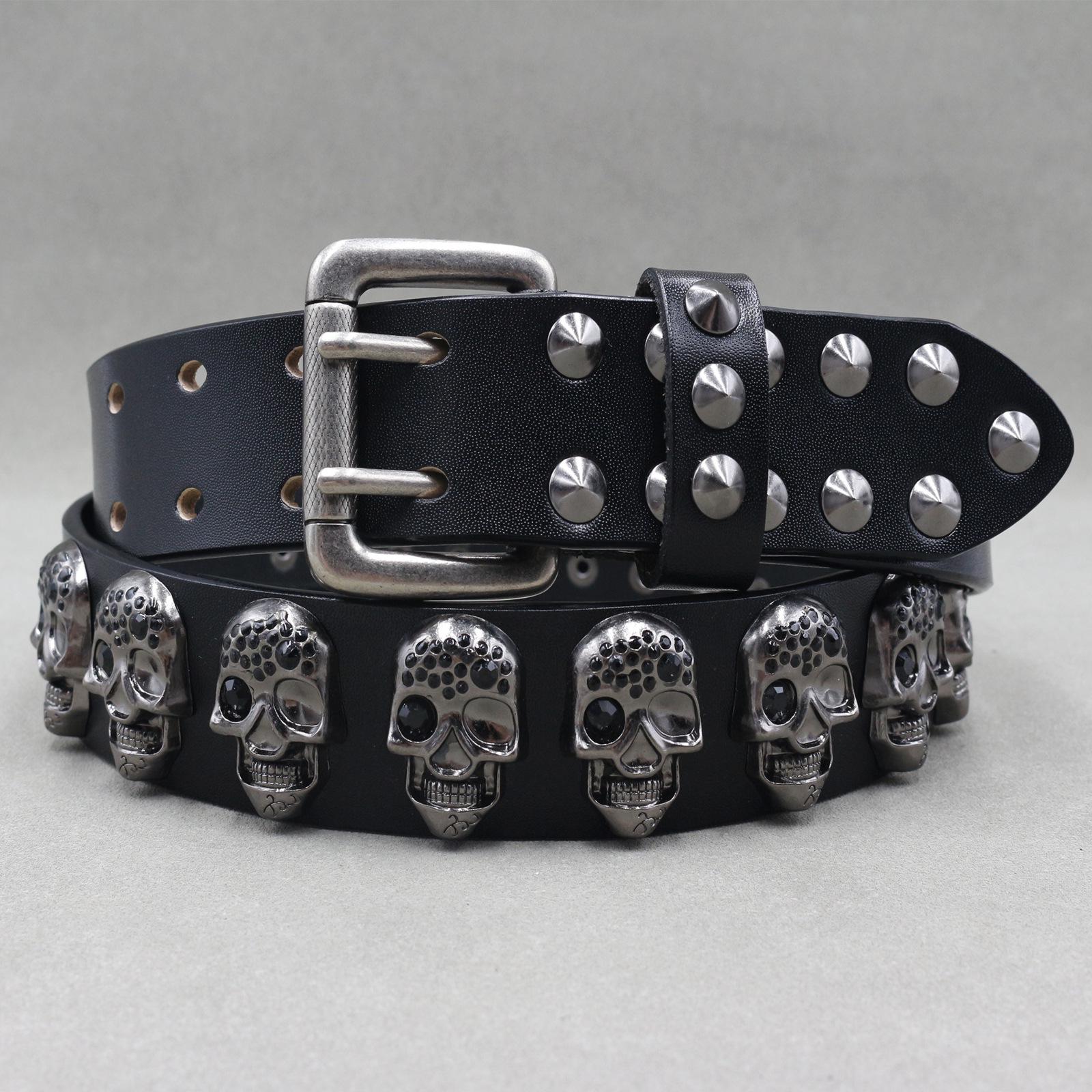 Trendy Skull Spike Riveted Leather Belt with Pin Buckle 105 cm чёрный