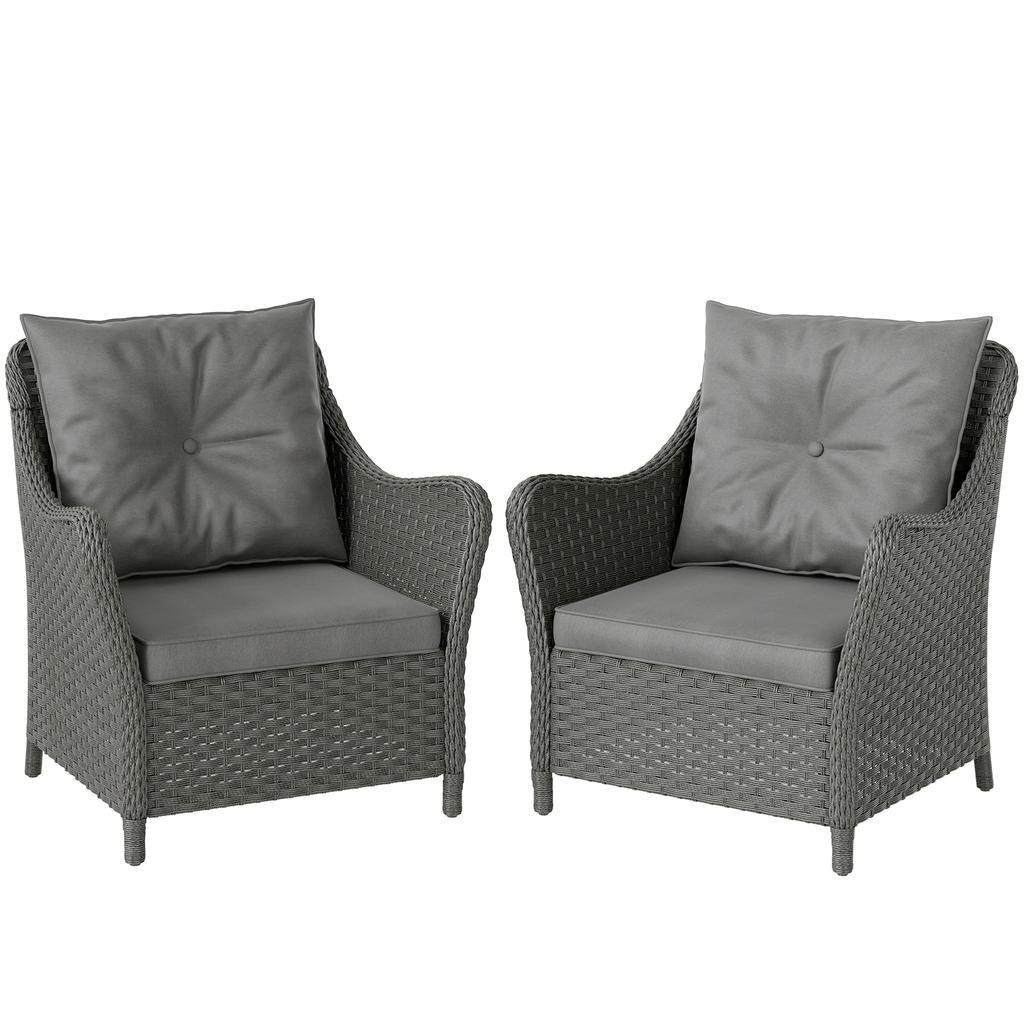 Rattan Garden Chairs Set of 2, Outdoor Rattan Chairs with Cushions, Armrests and High Back, PE Wicker Garden Armchair with Steel Frame for Balcony