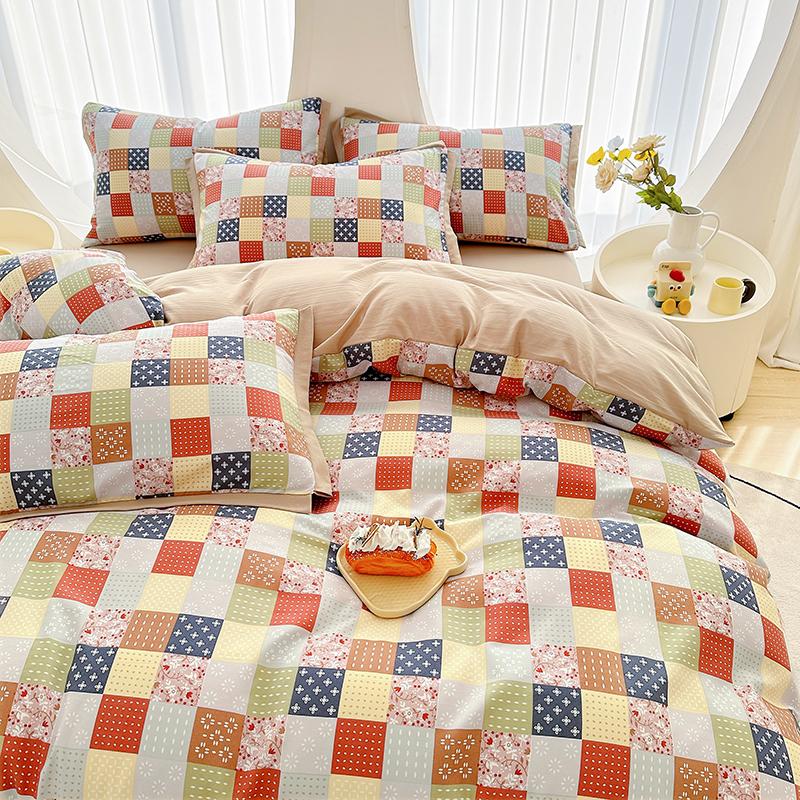 Floral Duvet Cover Queen Vintage Plaid Patchwork Bedding Set Boho Farmhouse Reversible Comforter Cover for Girls Women 4pcs Set