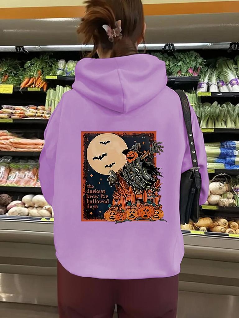 European Size Women's Halloween Print Kangaroo Pocket Hoodie - Long Sleeve, Plus Velvet, Autumn/Winter