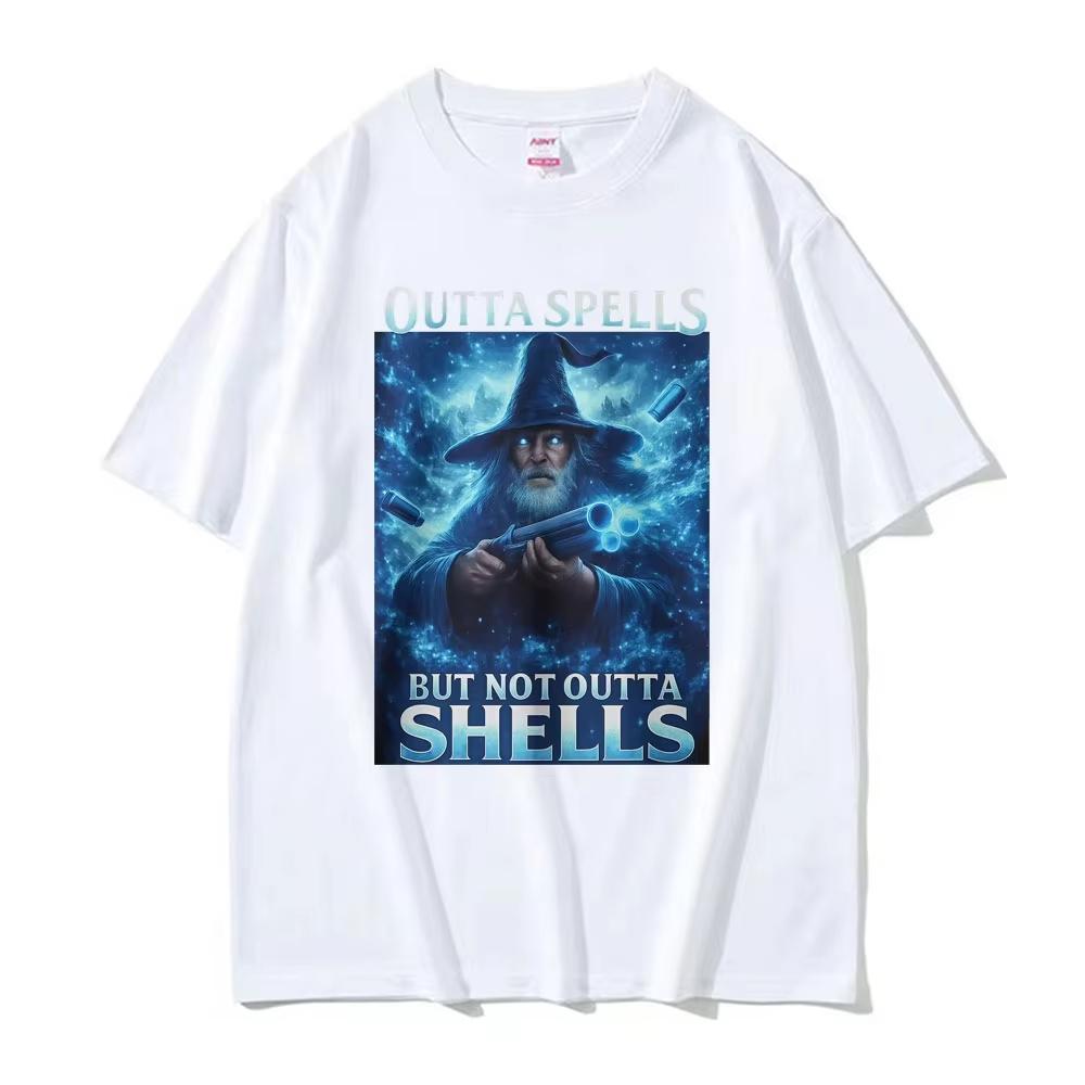 Outta Spells But Not Outta Shells Ironic Wizard Funny Fantasy Meme T Shirts Men Women Summer Tops pure Cotton Tshirt Streetwear