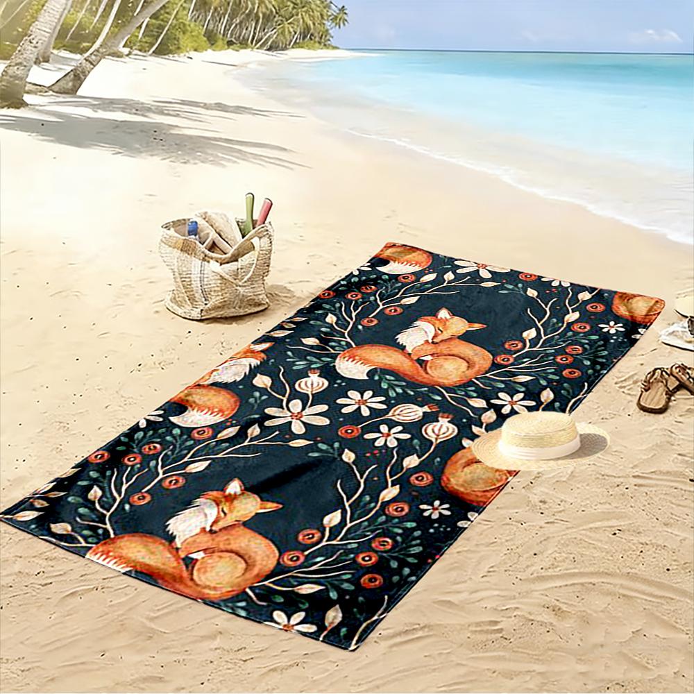 Fox and Floral Pattern Design Beach Towel Quick-drying for Travel Outdoor Sports Jogging Beach and Swimming