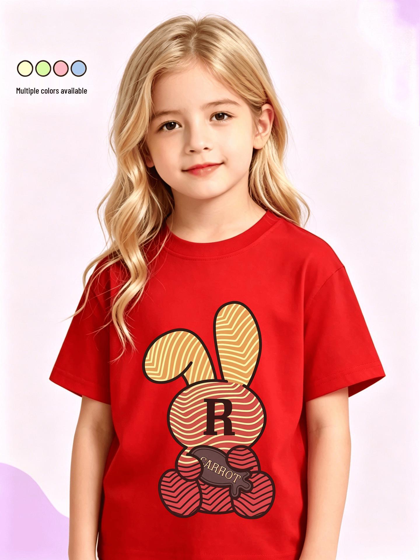 Adorable Striped Bunny Cartoon Print Cotton T-shirt for Girls - Short Sleeve, Summer Round Neck 140 cm красный