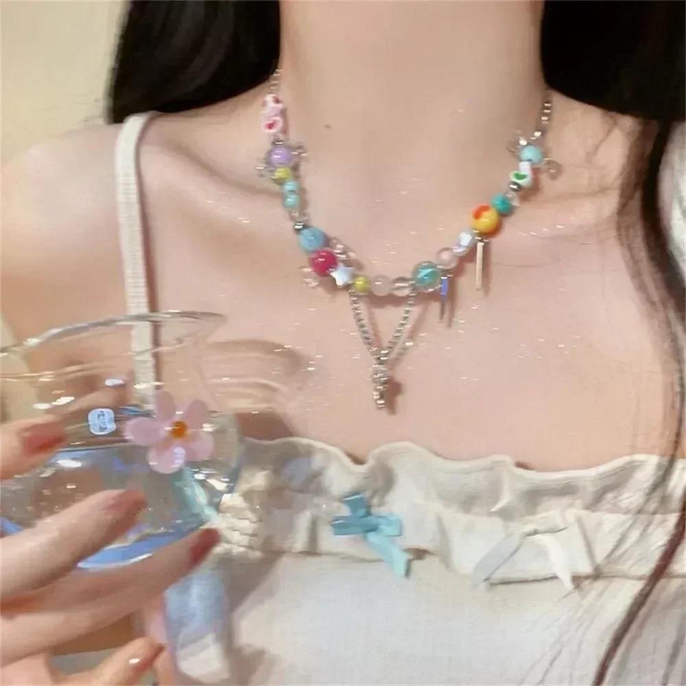 Korean Exquisite Retro Flower Love Heart Beaded Necklace For Women Personality Simple Cool Clavicle Chain Fashion Y2K Jewelry