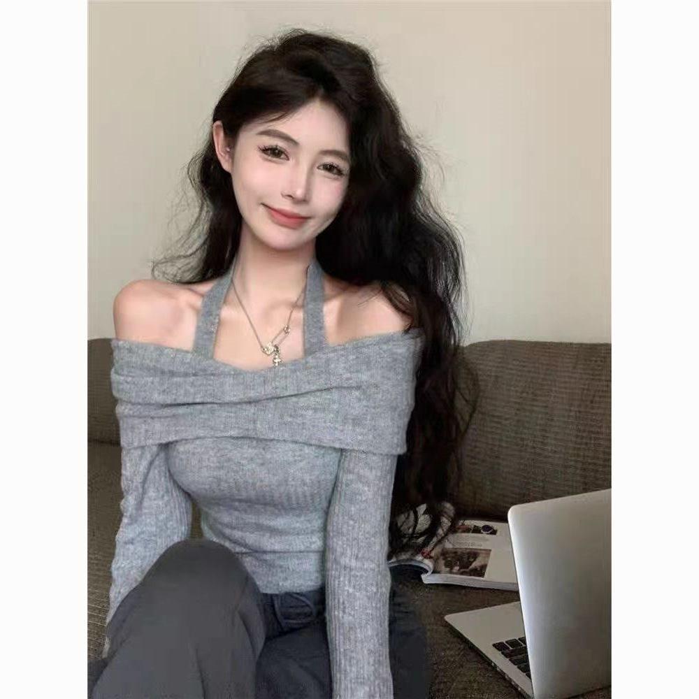 Autumn Winter Off-Shoulder Halter Knit Top for Women