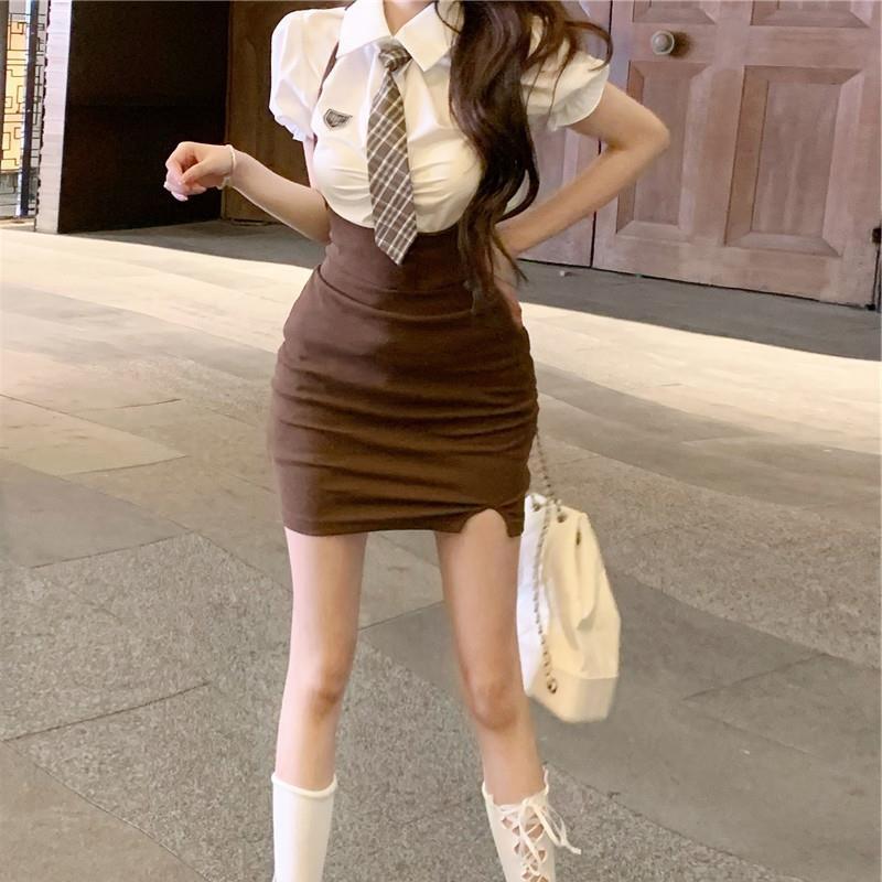 Summer Academy Style Small Strap Skirt Waist Sweet Spice Girl Short Skirt Chic Skirt Fake Two-piece Dress